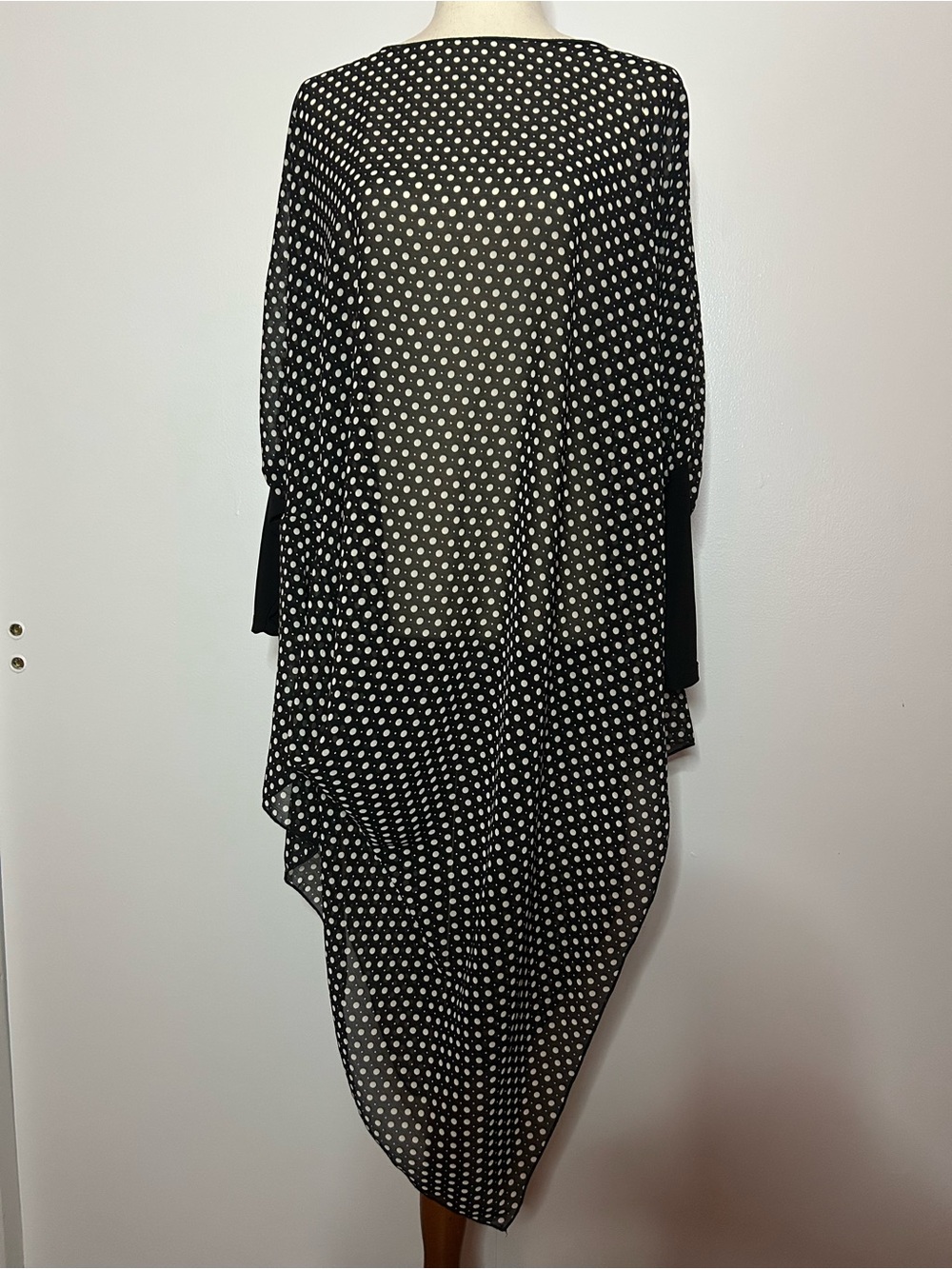 HEYDARI Black and White Polka Dot Sheer Boat Neck High Low Drape Tunic Dress